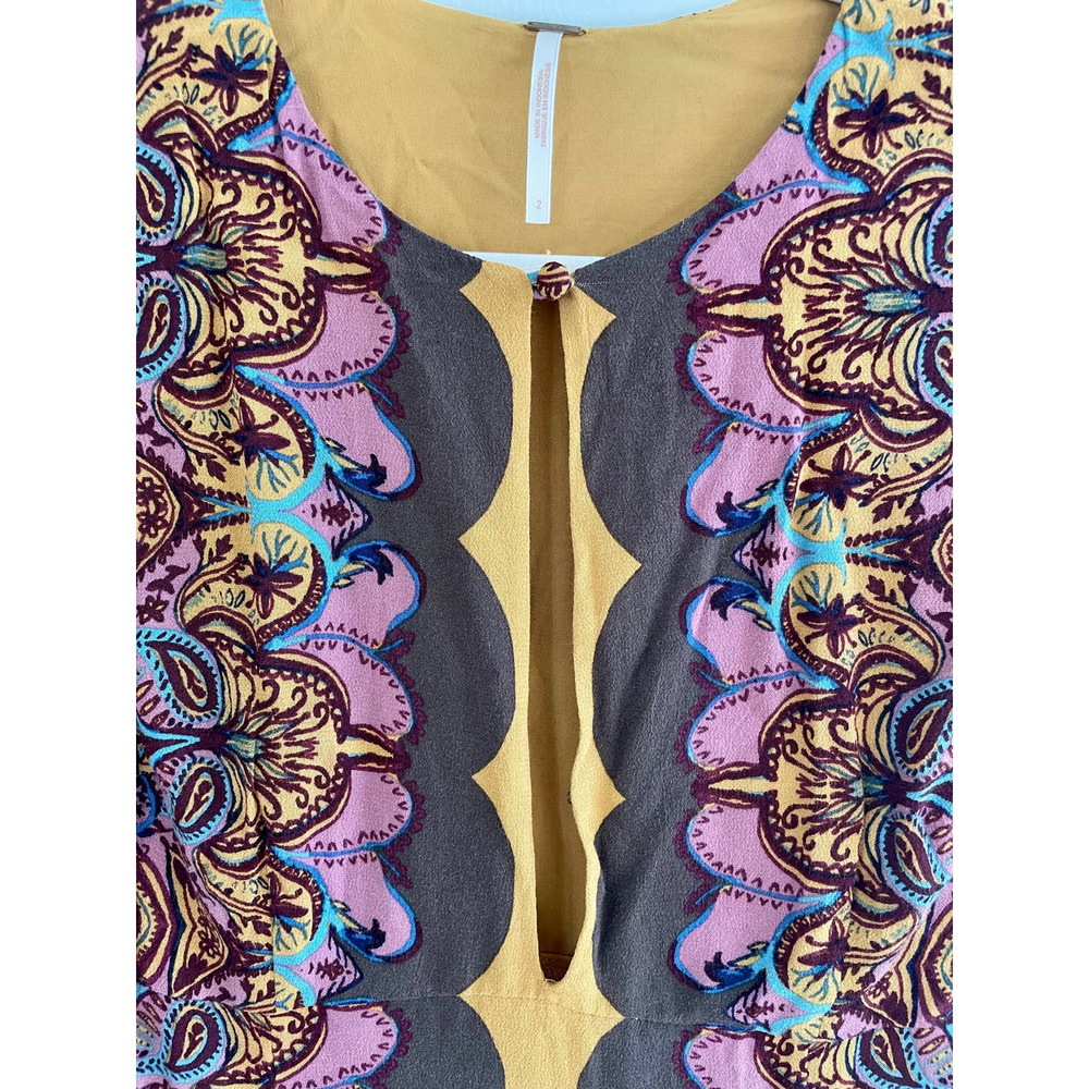 Free People Ossie Vibes Bell Sleeve Paisley Mini Shift Dress Gold Brown Sz 2 - Picture 4 of 6